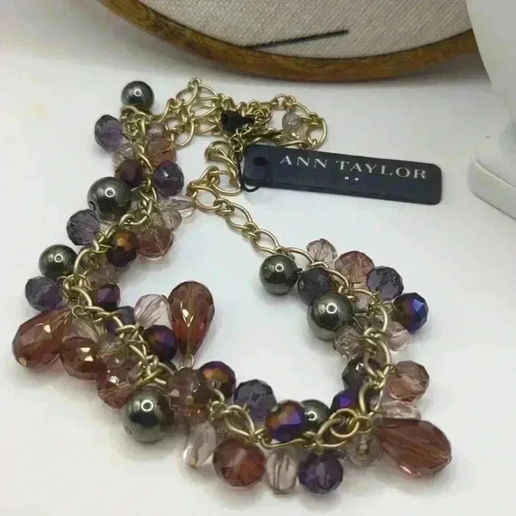 Ann Taylor 23" bib colla Necklace purple bronze gunmetal metallic beads amethyst - Picture 2 of 6